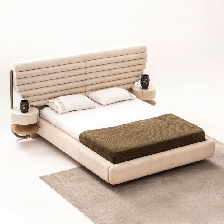 Pat Tapitat Modern cu Noptiere, Bianca