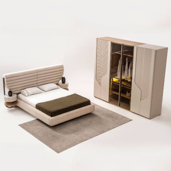 Pat Tapitat Modern cu Noptiere, Bianca