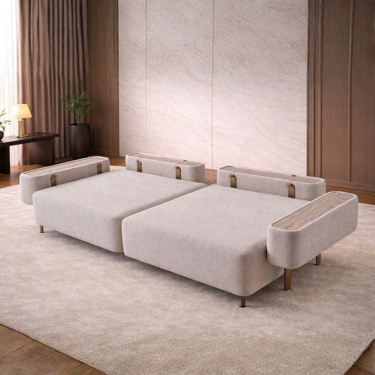 Light gray sectional sofa in a room with wooden flooring and walls.