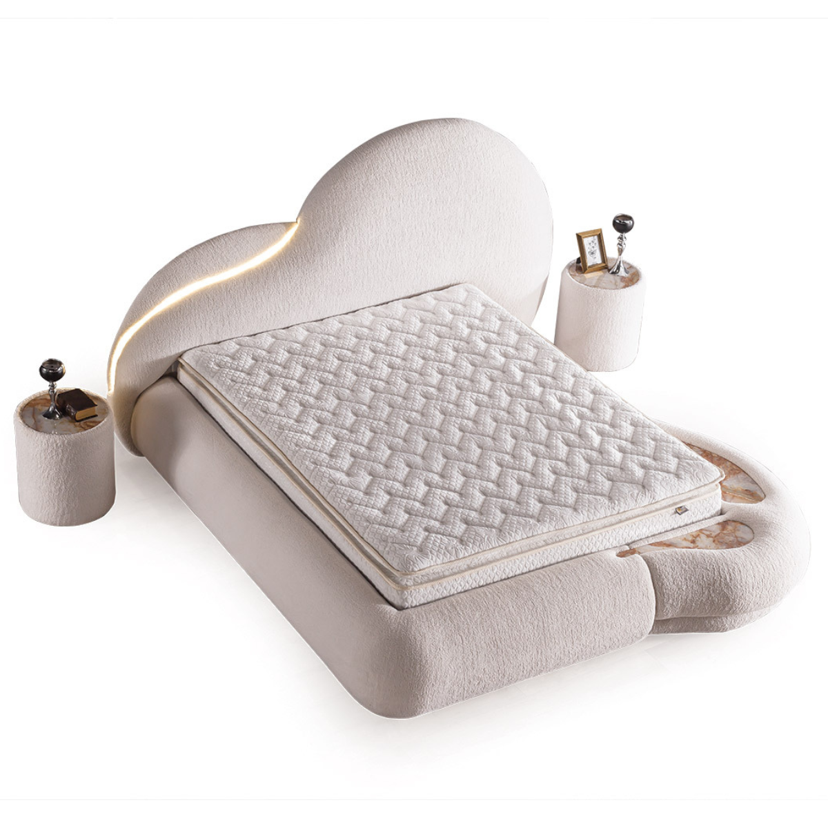 Pat tapițat cu iluminare LED si 2 noptiere , Atlantic 180x200 crem(velur 03)