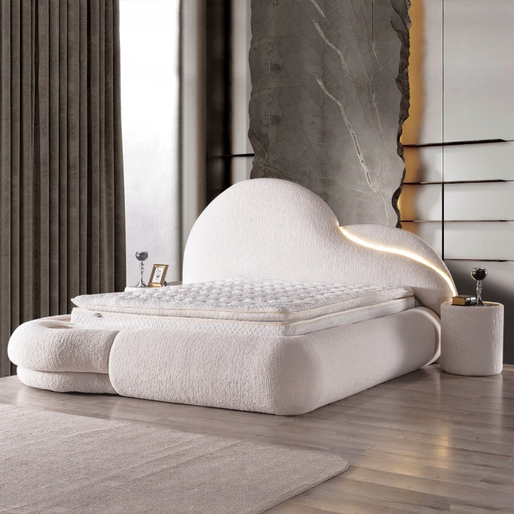 Pat tapițat cu iluminare LED si 2 noptiere , Atlantic 180x200 crem(velur 03)