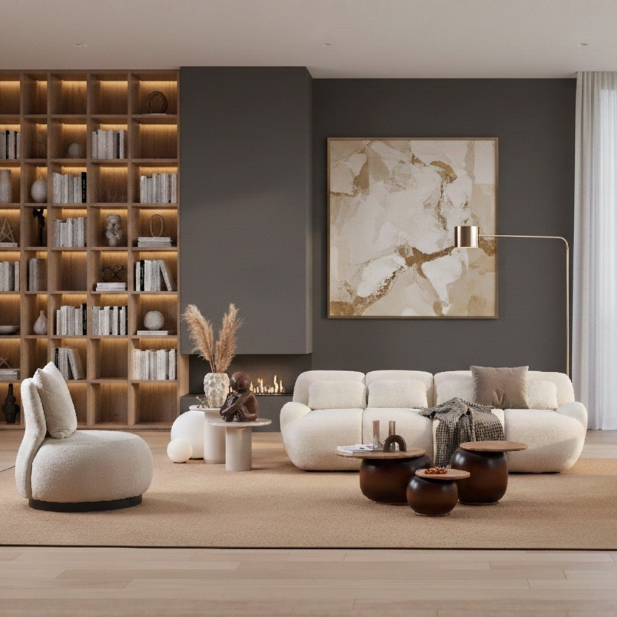 Modern living room with a white sofa, bookshelf, and decorative items.