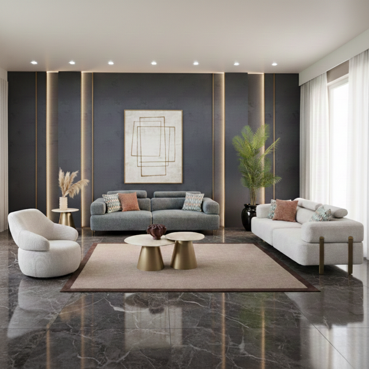 Modern living room with gray sectional sofa, white armchair, and gold coffee table.
